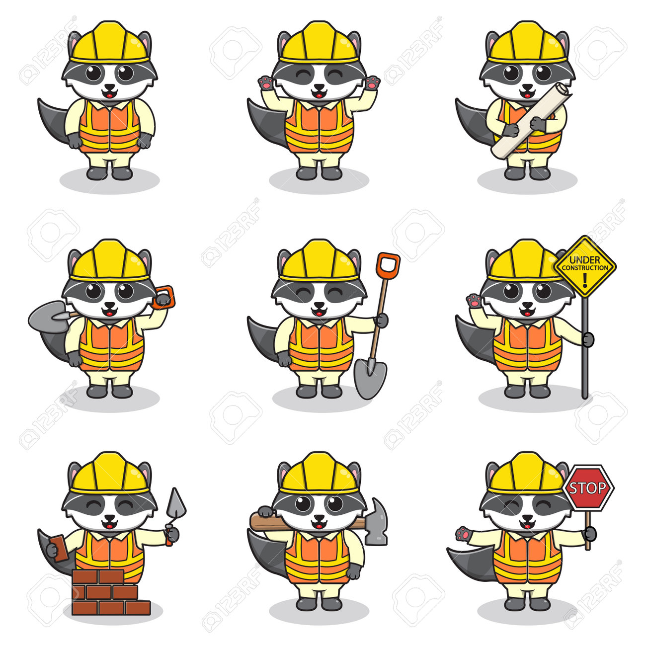 건설 현장의 너구리 캐릭터에 대한 벡터 그림 다양한 도구를 사용하는 건설 노동자 건설 현장 벡터에서 일하는 안전모를 쓴 만화 너구리  캐릭터 로열티 무료 사진, 그림, 이미지 그리고 스톡포토그래피. Image 211184793