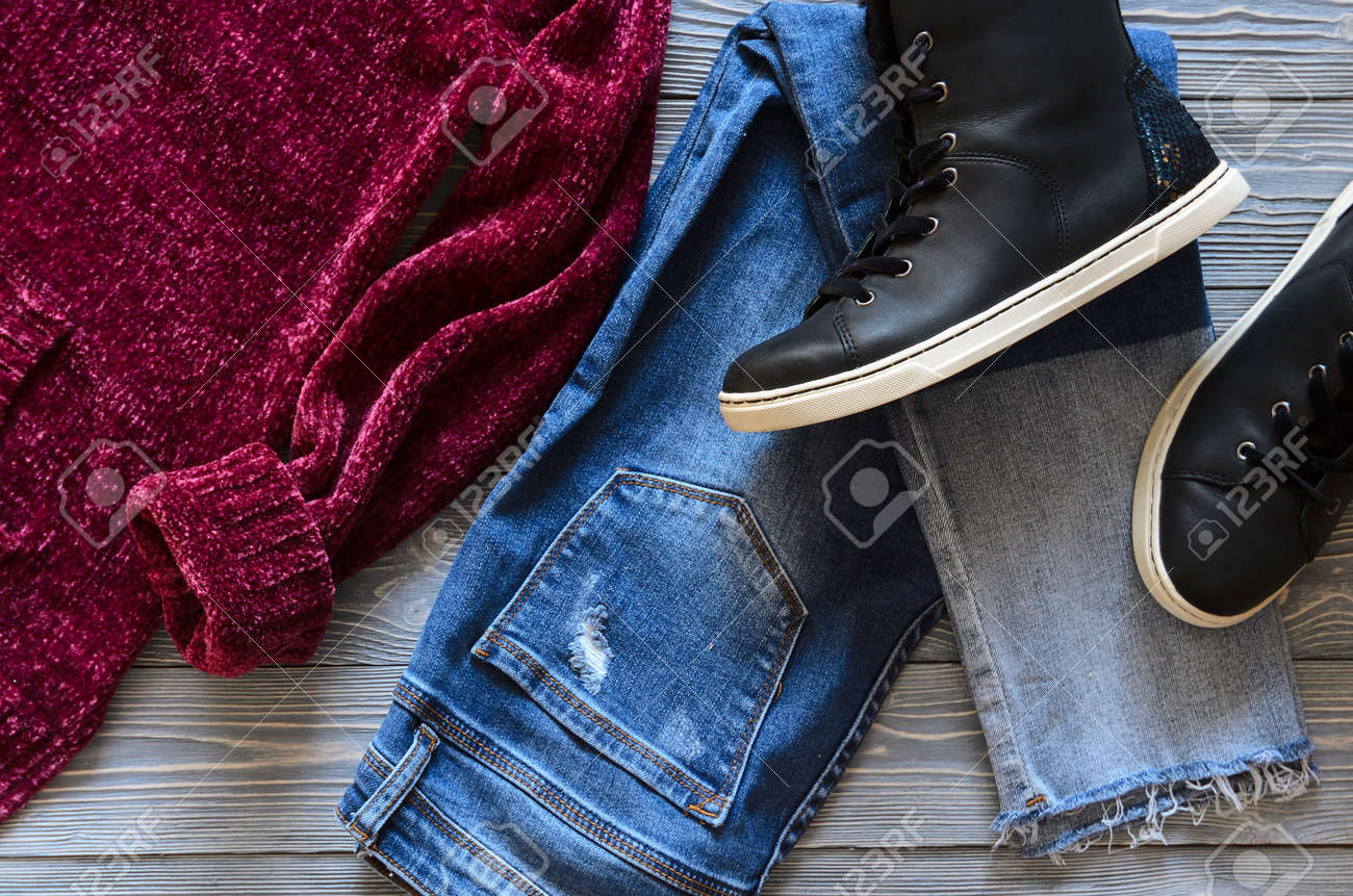 burgundy and blue jeans