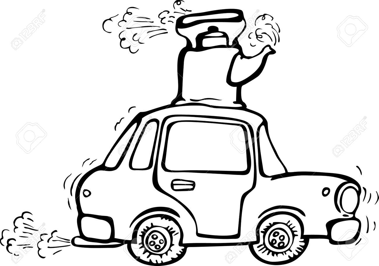 屋根の上のやかんを沸騰が付いている車を振動します 不完全に訓練された人の寓意のイラスト素材 ベクタ Image