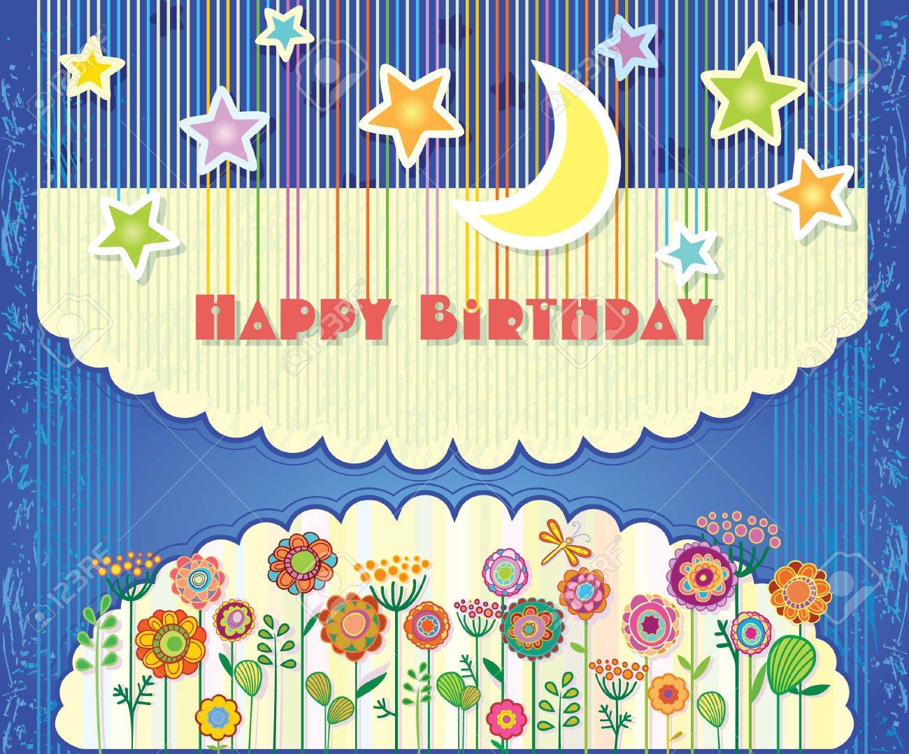 Fleurs De Voeux Carte De Joyeux Anniversaire Et Les Etoiles Dans Le Ciel Nocturne Clip Art Libres De Droits Vecteurs Et Illustration Image
