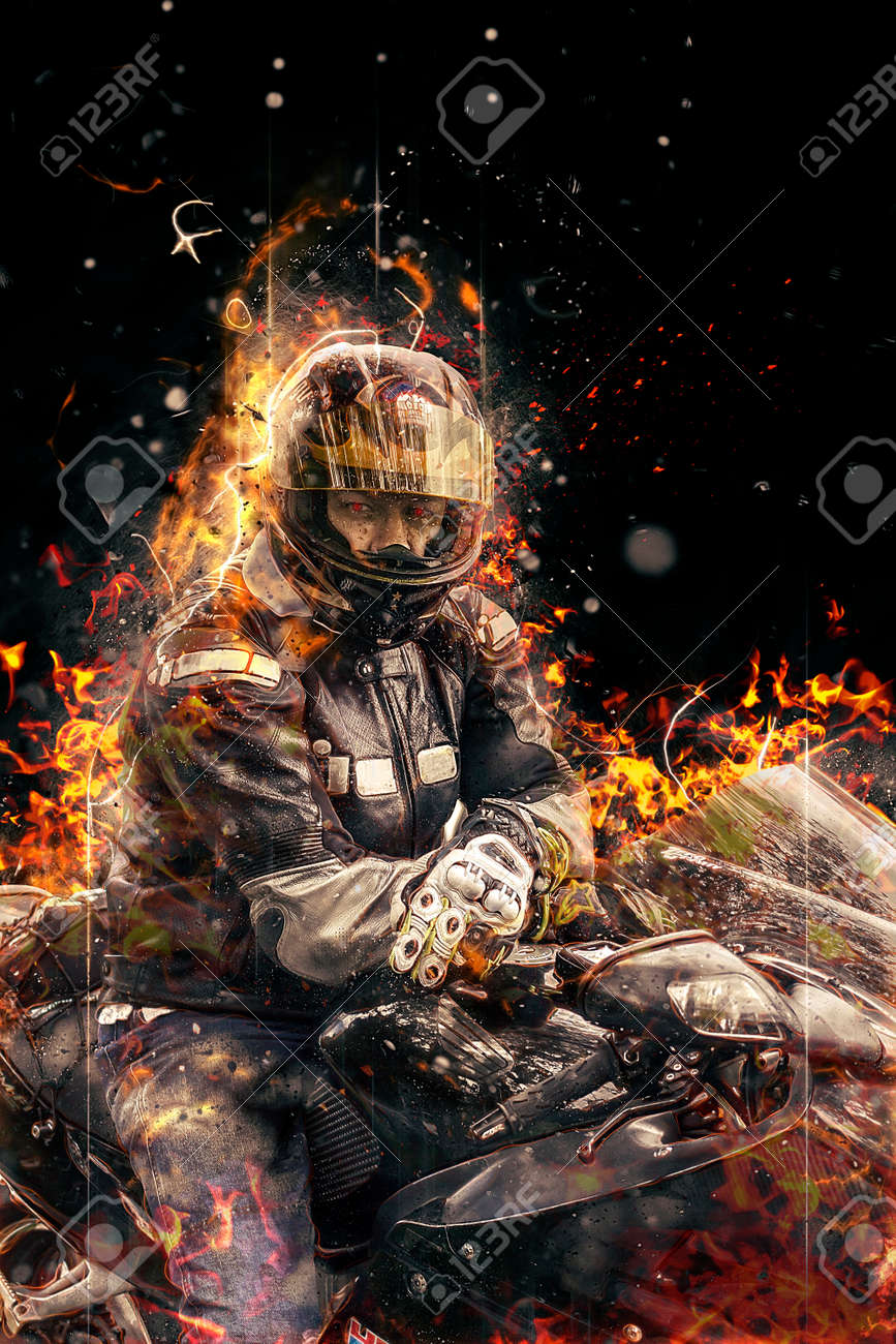 Ghost Rider Biker With Motorcycle And Burning Fire Stock Photo Picture And Royalty Free Image Image