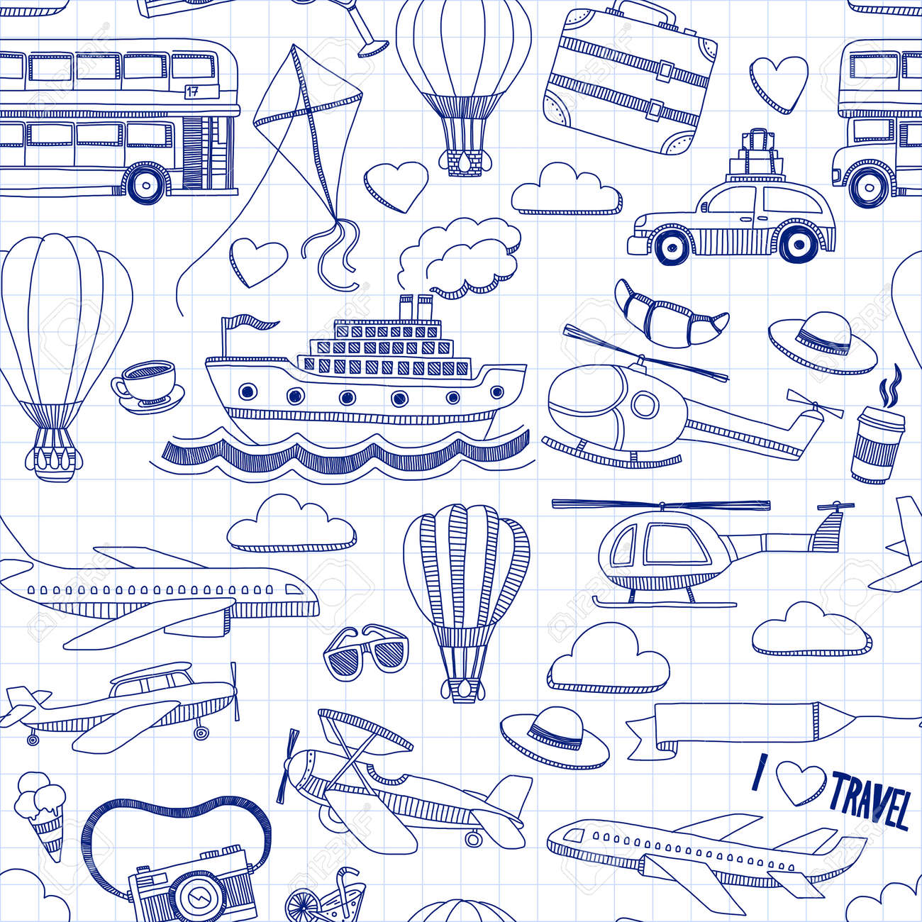 Travel hand drawn elements Doodle travel elements on checked paper - 54248488 Travel hand drawn elements Doodle travel elements on checked paper - 54248488