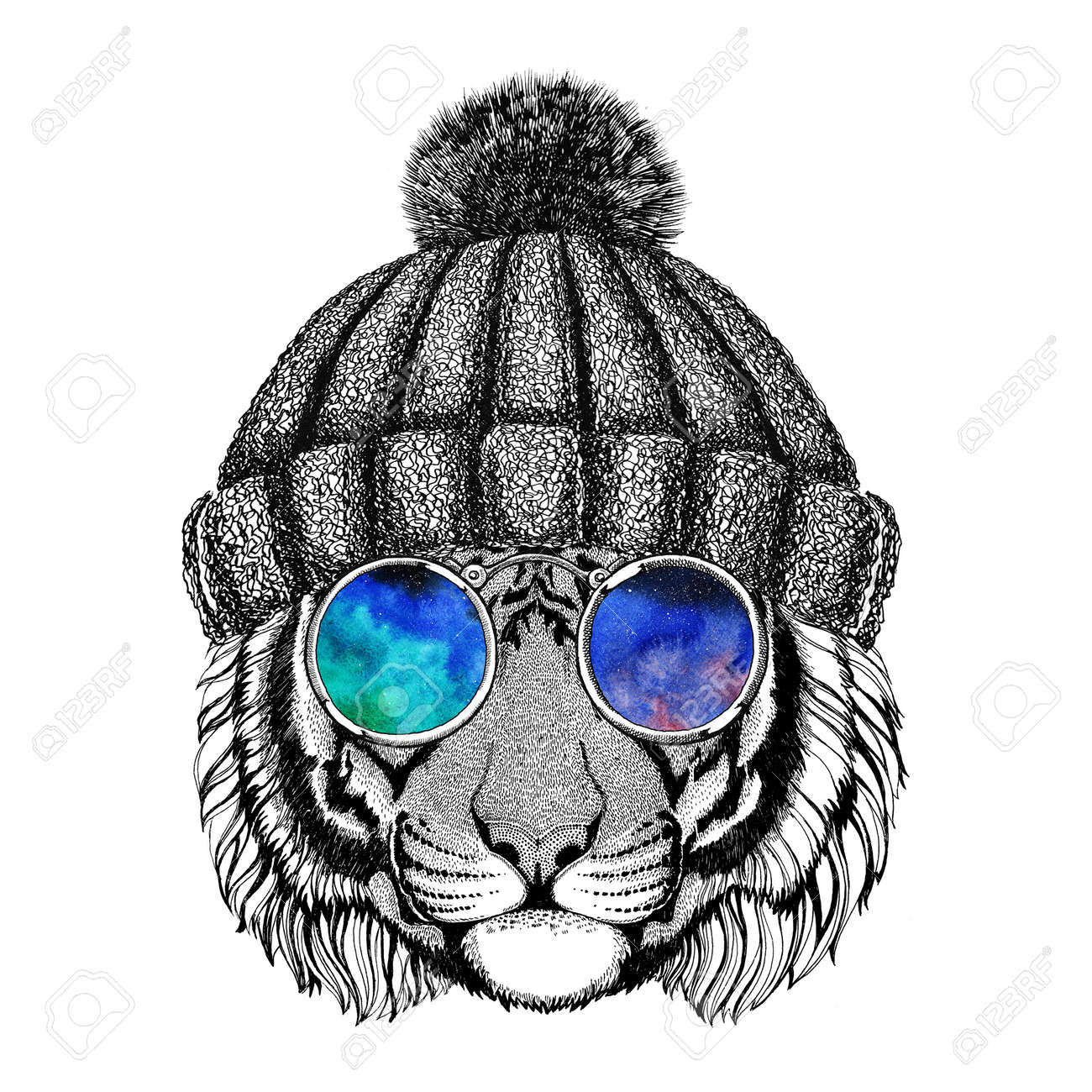 Wild Tiger Wearing Hippie Glasses And Knitted Hat Hipster Animal Picture  For Tattoo, , Emblem, Badge Design Stock Photo, Picture and Royalty Free  Image. Image 74098401., image size:1300x1300