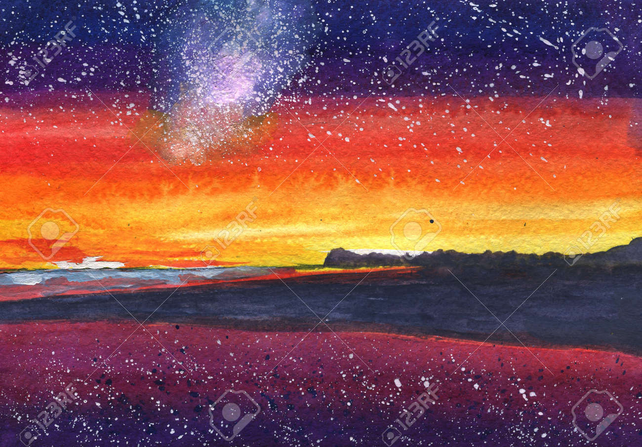 Sunset Beach With Stars Galaxy Sea Sand Watercolor Picture Stock Photo Picture And Royalty Free Image Image 75715295