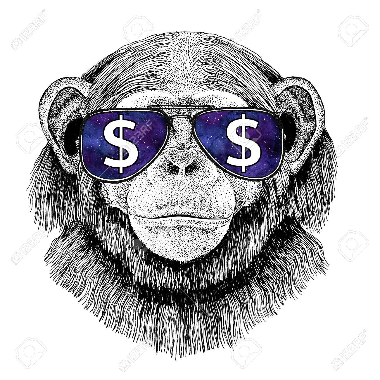 Chimpanzee Monkey wearing glasses with dollar sign Illustration with wild animal for t-shirt, tattoo sketch, patch - 80730255 Chimpanzee Monkey wearing glasses with dollar sign Illustration with wild animal for t-shirt, tattoo sketch, patch - 80730255