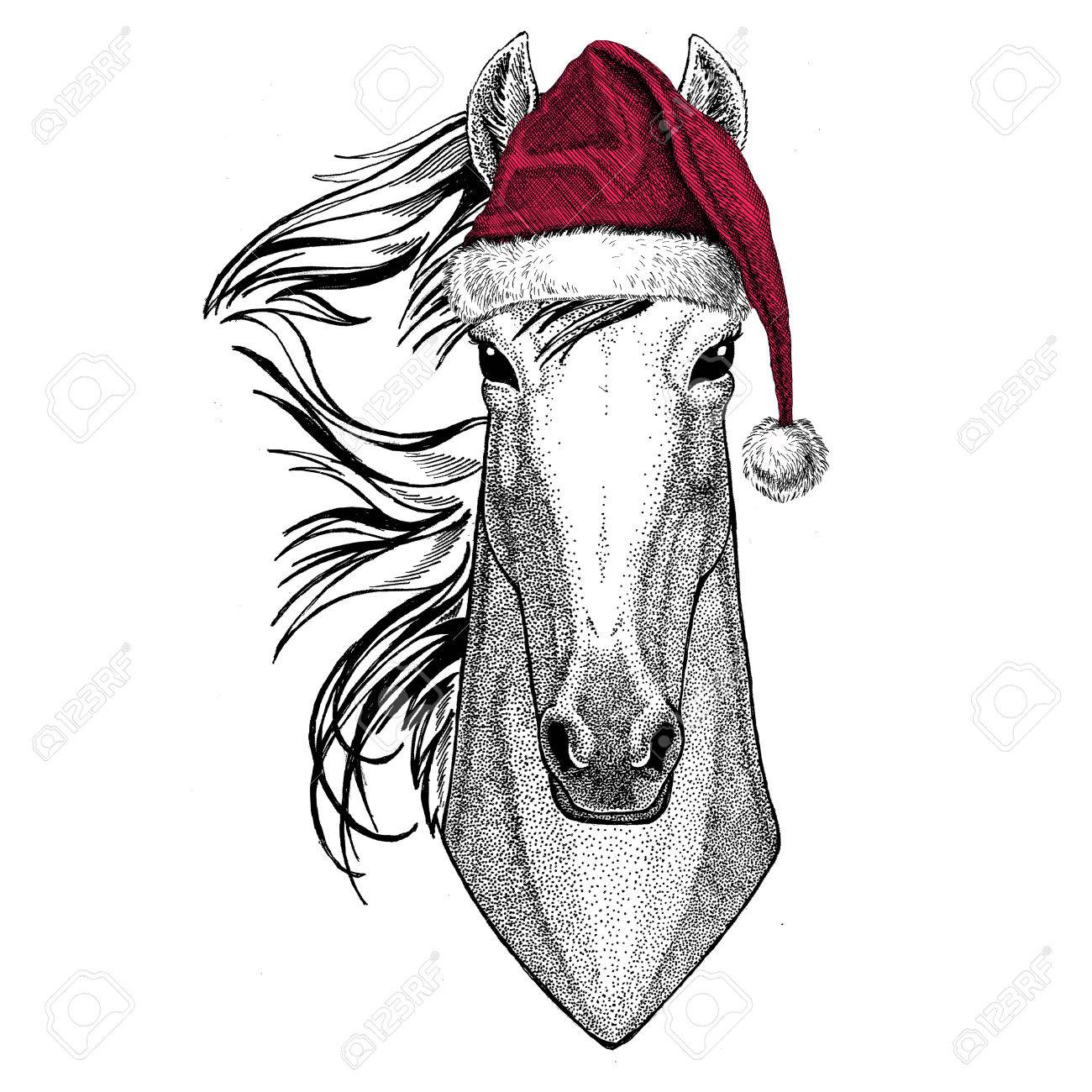 Christmas illustration Wild animal wearing christmas santa claus hat Red winter hat Holiday picture Happy new year - 81962058 Christmas illustration Wild animal wearing christmas santa claus hat Red winter hat Holiday picture Happy new year - 81962058