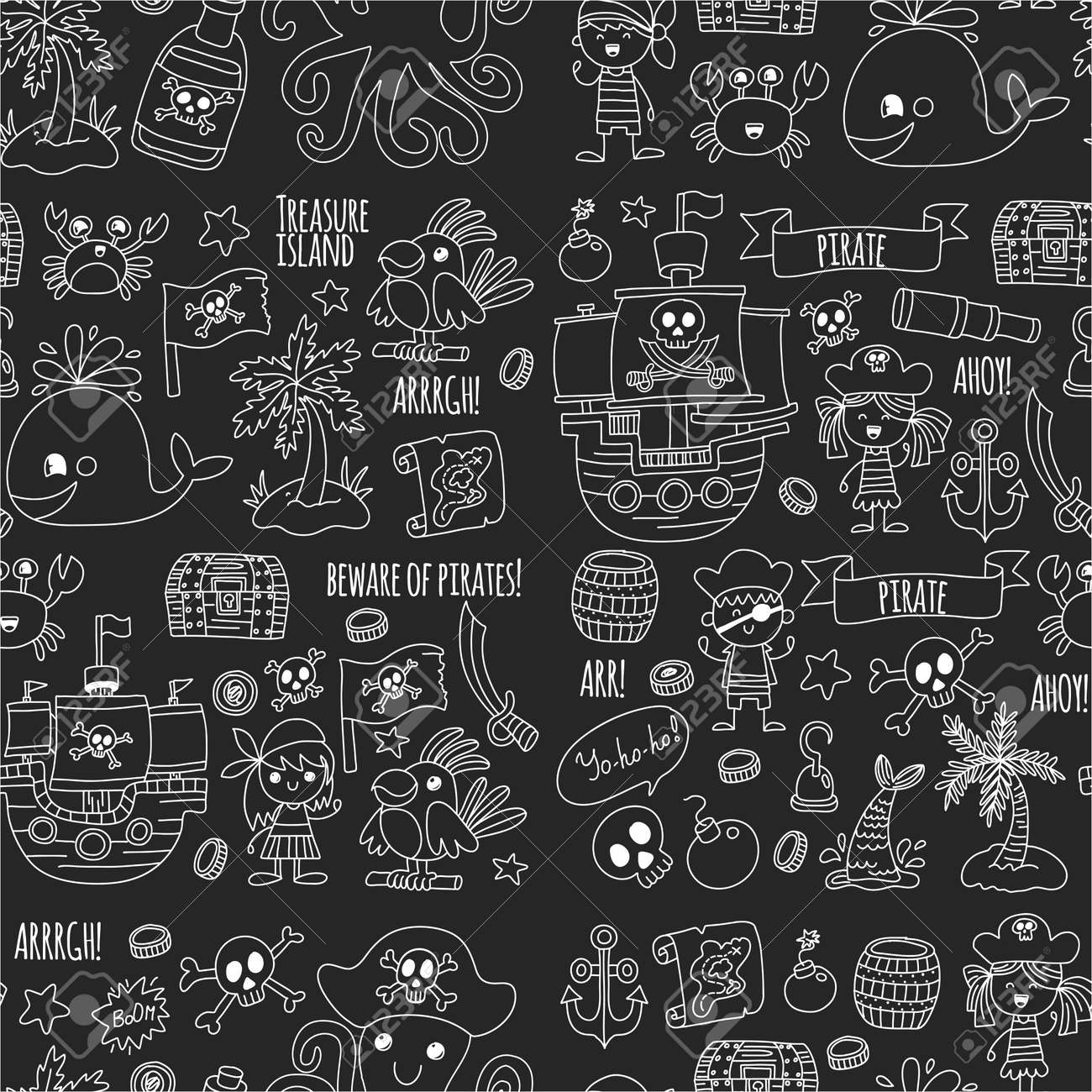 子供幼稚園児子供デッサン スタイル イラスト Picutre 海賊 鯨 宝の島 宝の地図 頭蓋骨旗 船の誕生日パーティーのための シームレスなパターン海賊党をベクトルします のイラスト素材 ベクタ Image 85623177