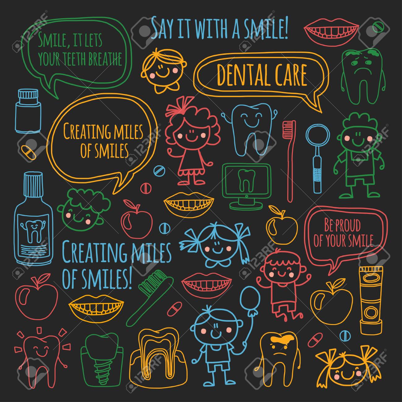 Children's dentistry school, kindergarten, nursery kids with healthy teeth. Smiles, toothbrushes, medicine Happy boys and girls. Dental treatment without pain. - 90582557 Children's dentistry school, kindergarten, nursery kids with healthy teeth. Smiles, toothbrushes, medicine Happy boys and girls. Dental treatment without pain. - 90582557