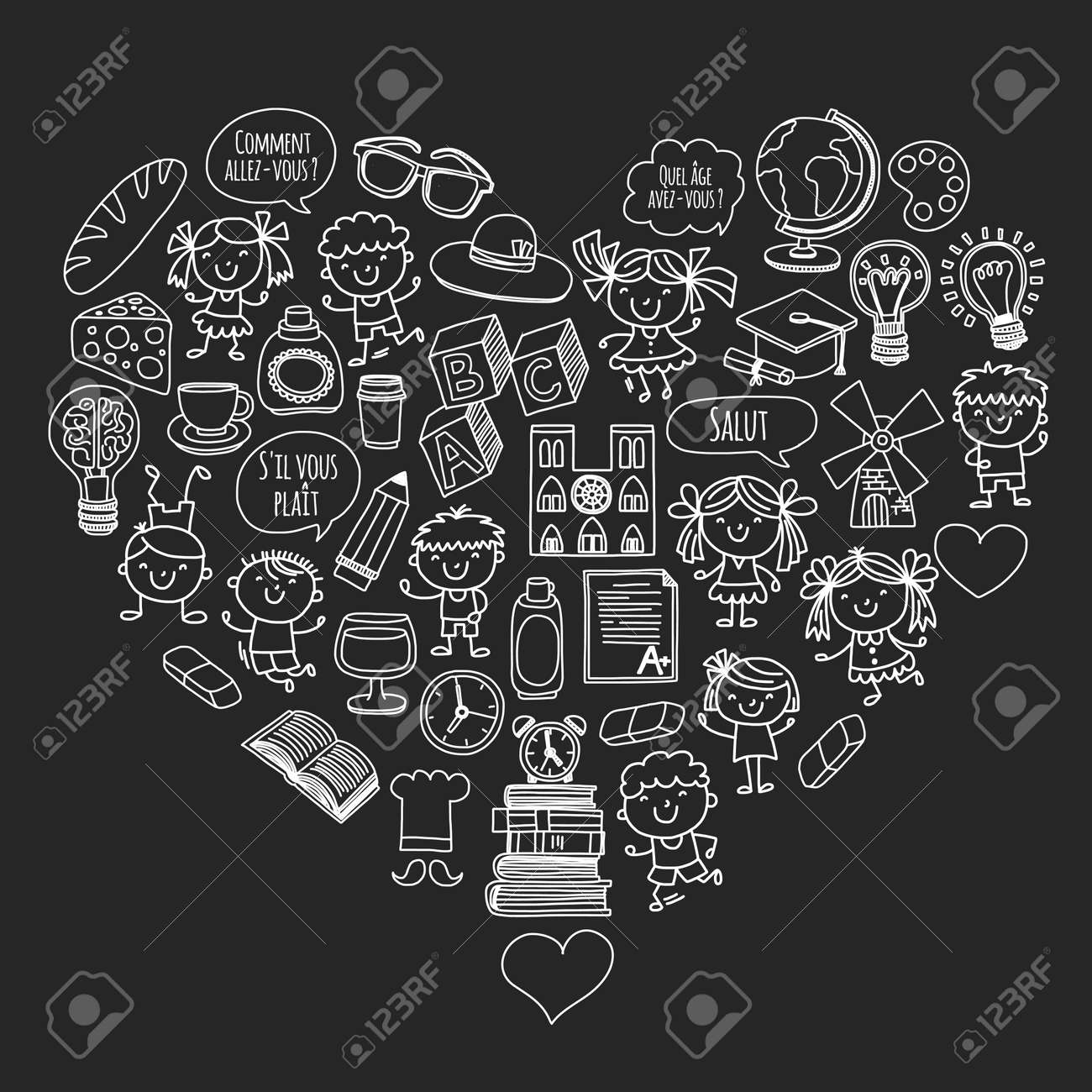 パリ フランス フランス語のクラス フランス語 男の子と女の子 小学生の 学校 幼稚園 保育園 大学 遊び 勉強 成長のイラスト素材 ベクタ Image