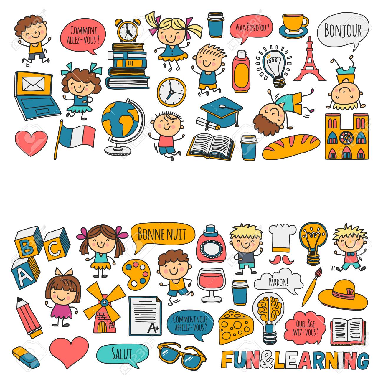 パリ フランス フランス語のクラス フランス語男の子と女の子小さな学生 学校 幼稚園 保育園 大学遊ぶ 勉強する 成長するのイラスト素材 ベクタ Image