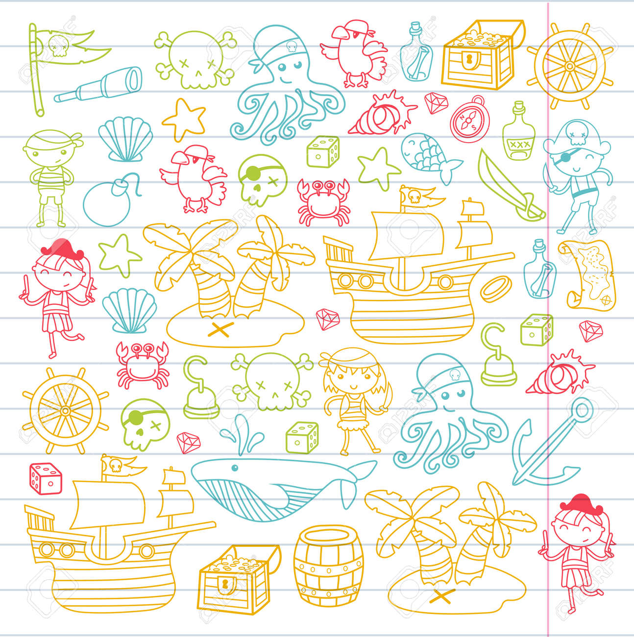 宝島のハロウィーンパーティーのテーマで海賊をプレイする未就学児の男の子と女の子 誕生日カードの招待のための白い背景に漫画のイラスト のイラスト素材 ベクタ Image