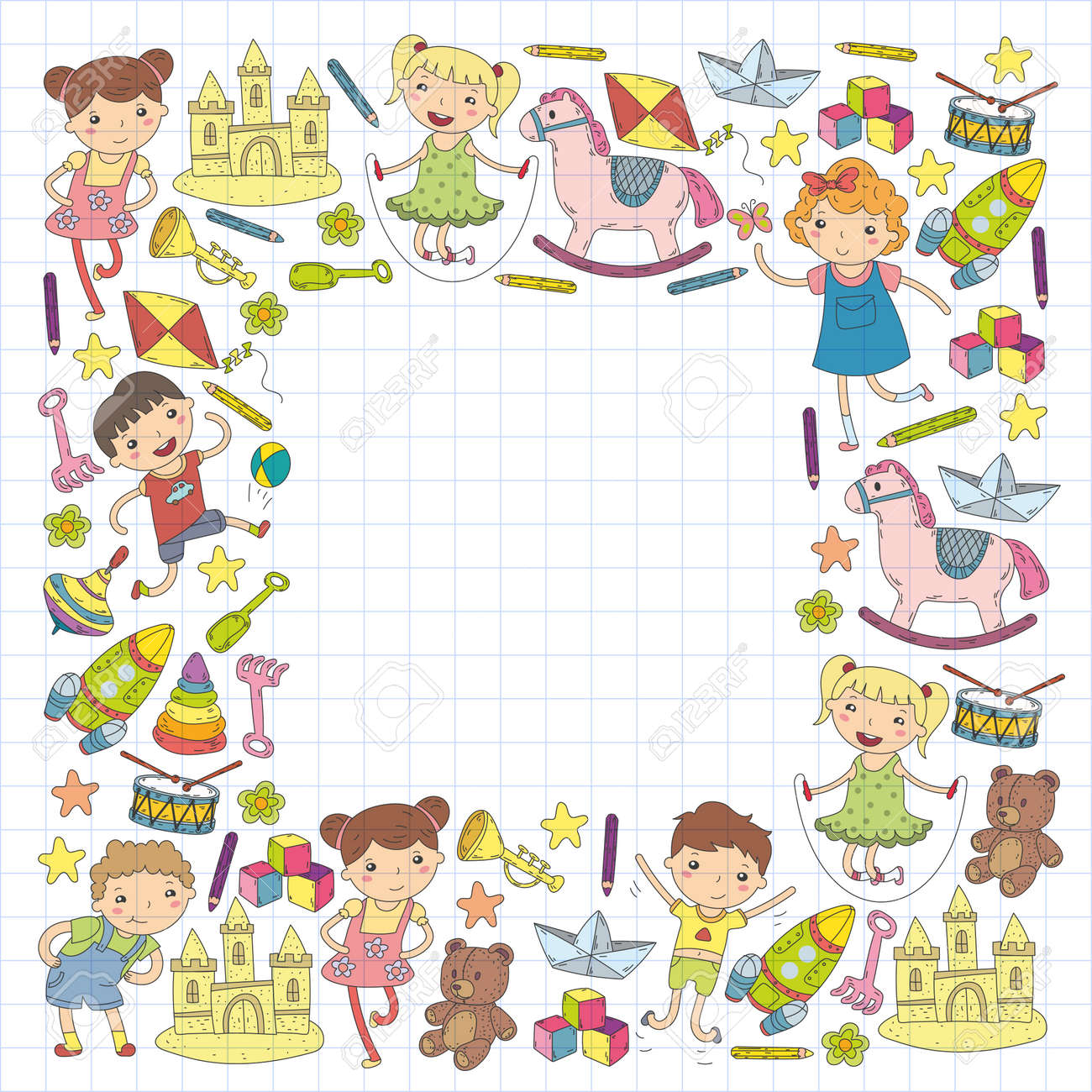 落書きパターン子供たちは 再生研究の男の子と女の子の子供と幼稚園保育園幼児教育子供のアイコン描画領域 冒険 探検 想像力の概念 のイラスト素材 ベクタ Image