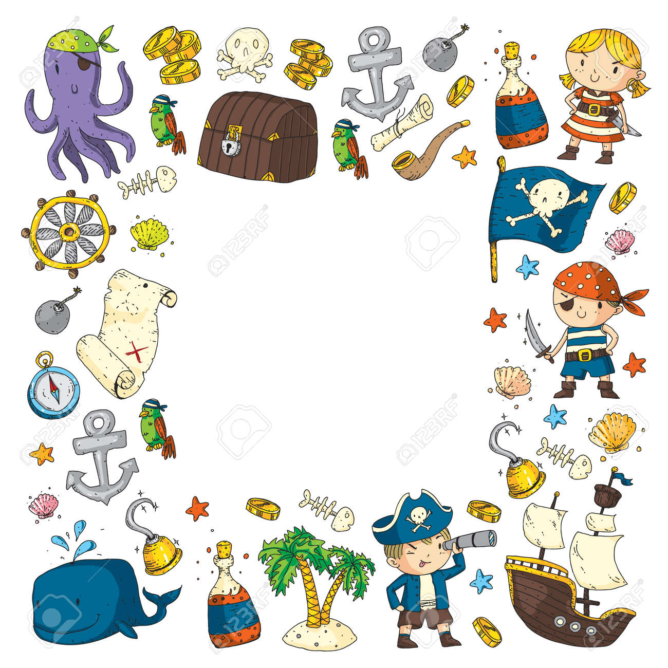 Piratenabenteuer Piratenparty Fur Kinder Abenteuer Schatz Piraten Krake Wal Schiff Kinder Zeichnen Muster Lizenzfrei Nutzbare Vektorgrafiken Clip Arts Illustrationen Image