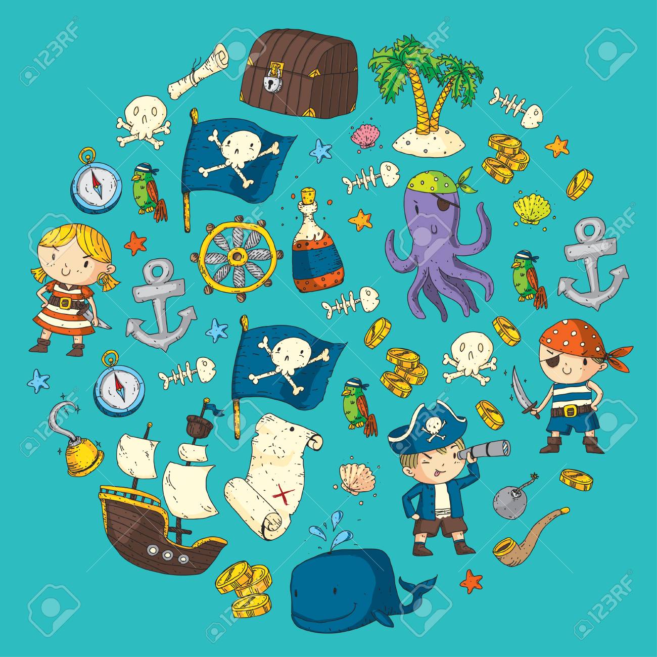 Pirate adventures Pirate party Kindergarten pirate party for children Adventure, treasure, pirates, octopus, whale, ship Kids drawing pattern - 91276215 Pirate adventures Pirate party Kindergarten pirate party for children Adventure, treasure, pirates, octopus, whale, ship Kids drawing pattern - 91276215