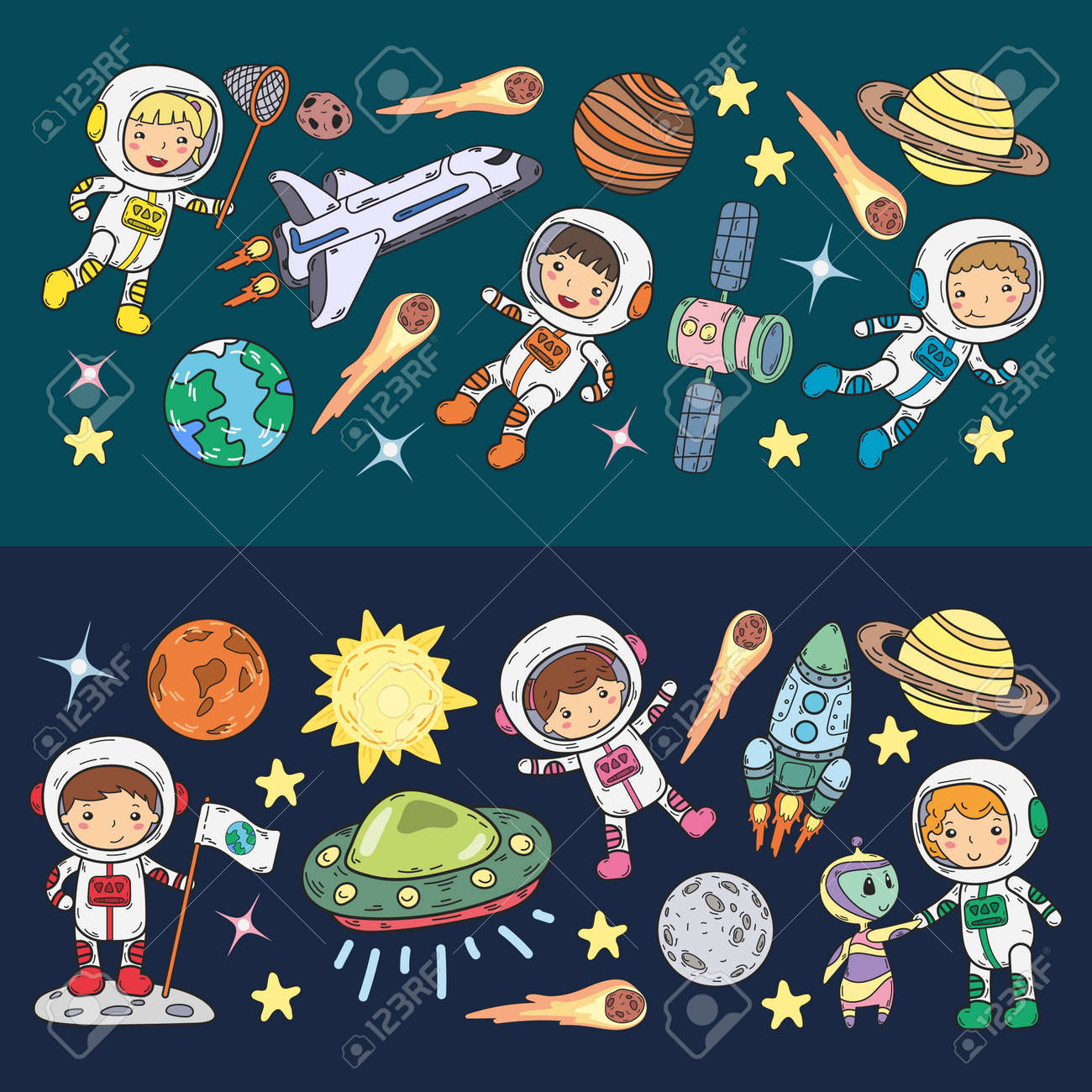 宇宙幼稚園 学校天文学レッスン子供 落書き子供イラストufo エイリアン 月面 地球 木星 土星 火星ベクトルアイコン のイラスト素材 ベクタ Image