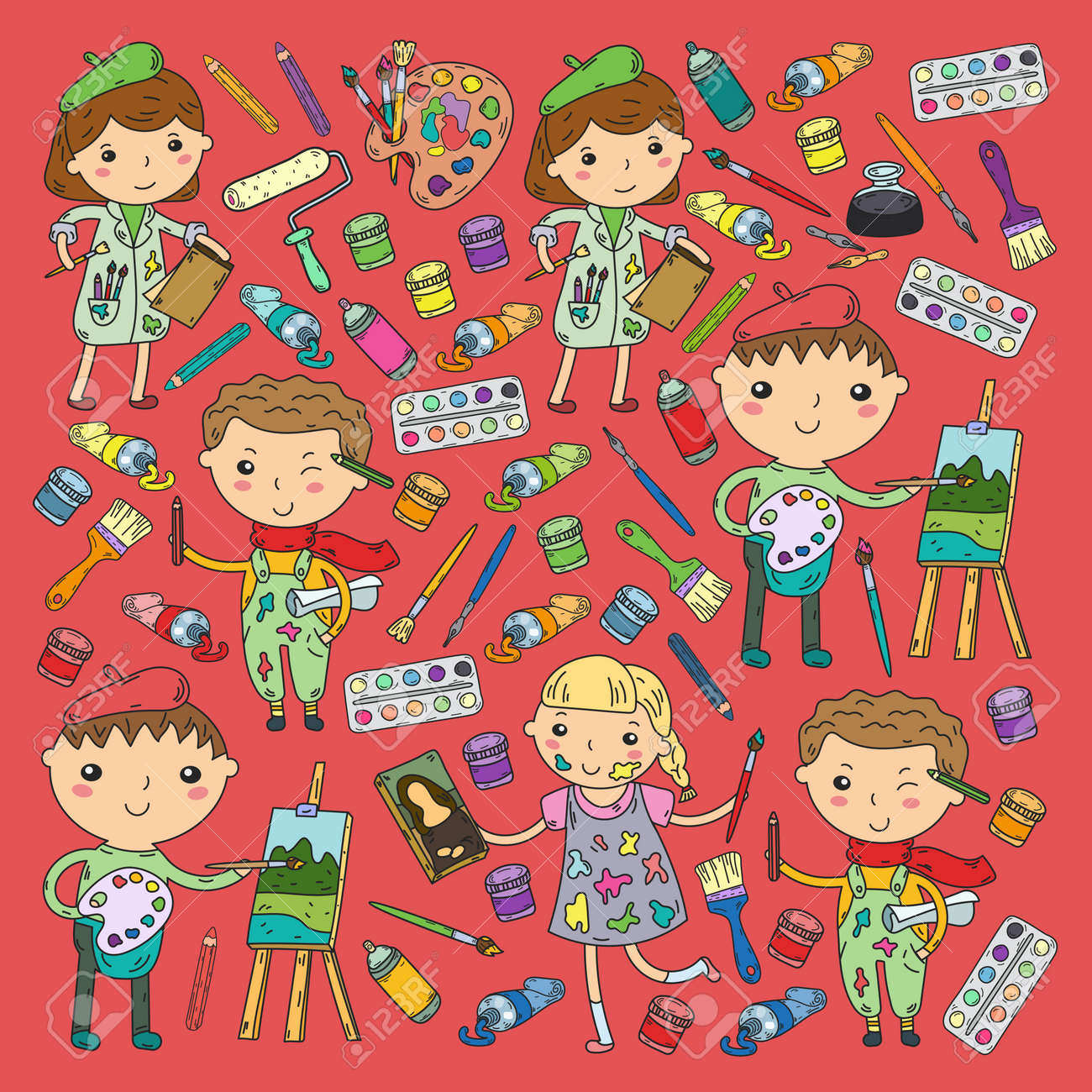 子ども創造性幼稚園 スクールアート男の子と女の子絵絵 子供の芸術とデザイン学校 のイラスト素材 ベクタ Image