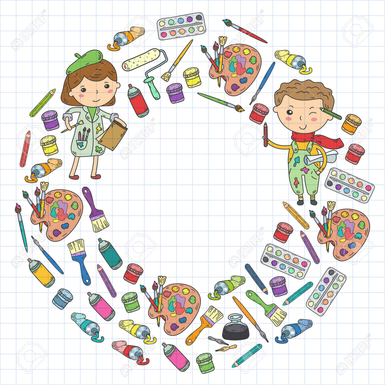 Children Creativity Kindergarten School Art Boys And Girls Drawing Royalty Free Cliparts Vectors And Stock Illustration Image
