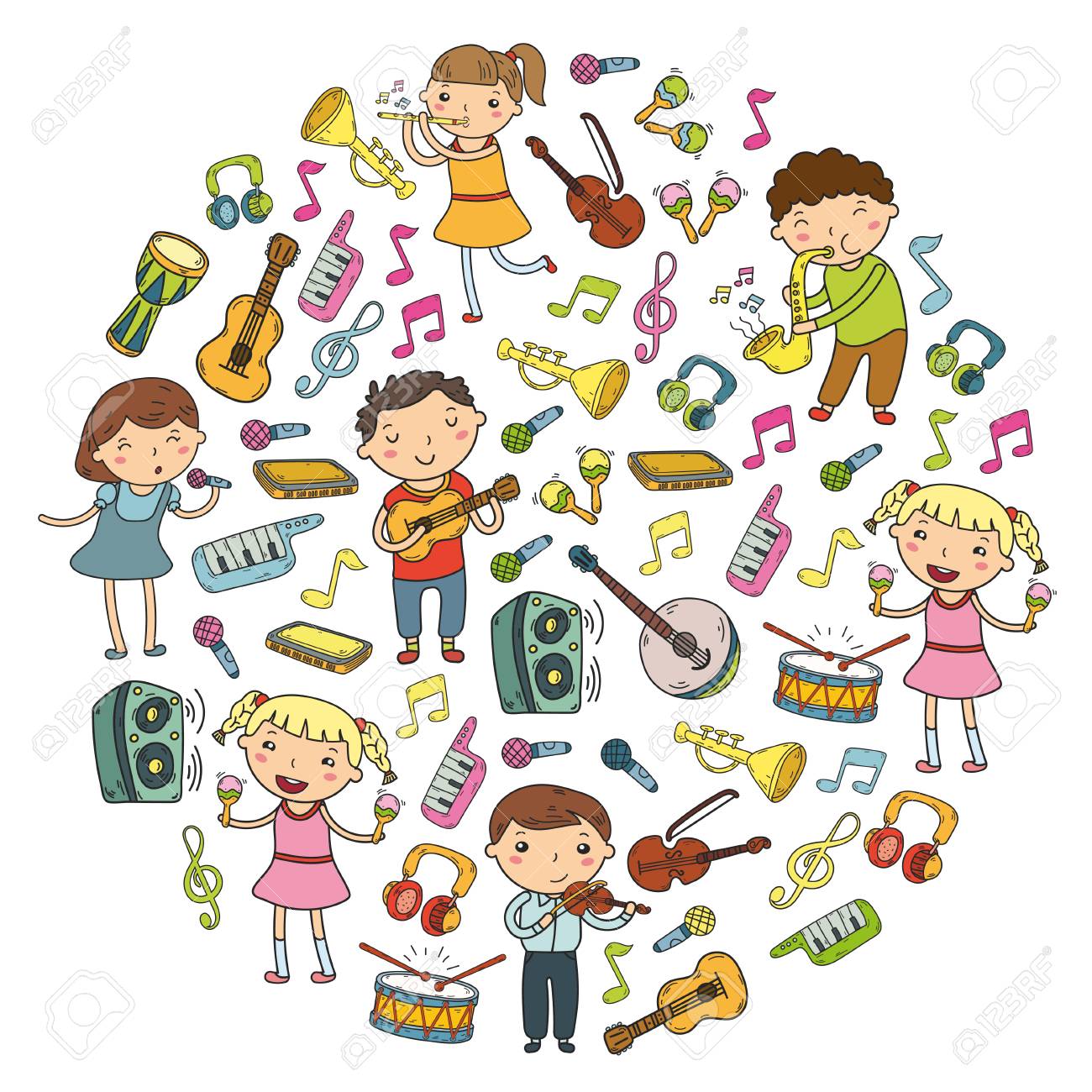 Musikschule Fur Kinder Vektor Illustration Kinder Singen Lieder Musikinstrumente Spielen Doodle Symbol Sammlung Illustration Fur Kinder Musikunterricht Lizenzfrei Nutzbare Vektorgrafiken Clip Arts Illustrationen Image 92200816