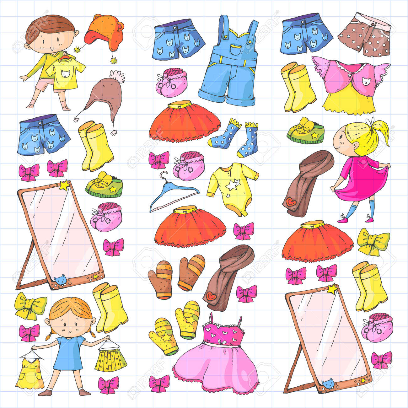 子供服幼稚園の男の子と女の子の服 新しい服のコレクション ドレス ズボン 靴 帽子 帽子 手袋 スカーフ プリンセスドレス のイラスト素材 ベクタ Image 子供服幼稚園の男の子と女の子の服 新しい服のコレクション ドレス ズボン 靴 帽子 帽子 手袋 スカーフ プリンセスドレス のイラスト素材 ベクタ Image