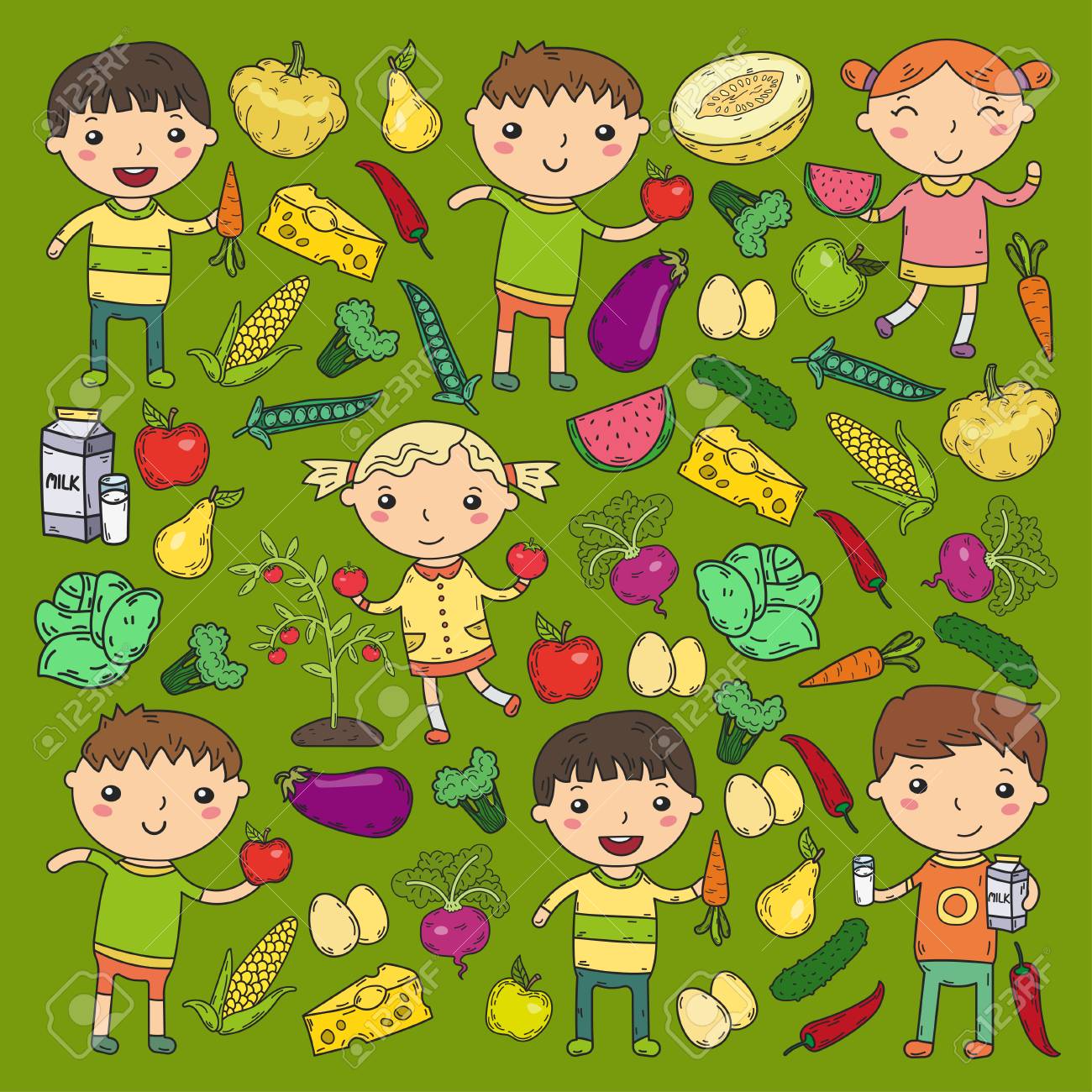 幼稚園児ベクターイラストで健康的な食べ物 健康食品コンセプトのイラスト素材 ベクタ Image