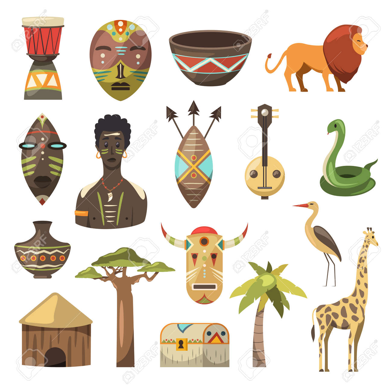 Africa. African images. Vector icons. Giraffe, mask, man, snake, vase, lion, house, palm, baobab - 97041843 Africa. African images. Vector icons. Giraffe, mask, man, snake, vase, lion, house, palm, baobab - 97041843