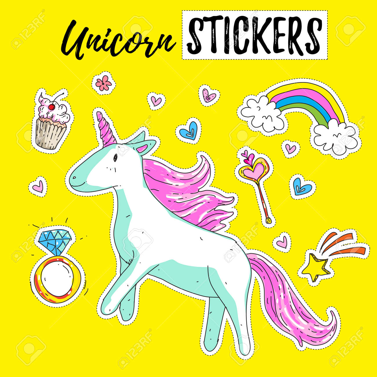 かわいいファンタジーユニコーン 虹 王女の要素 花 心 ダイヤモンドとベクターイラスト 子供のパターン 子供の部屋 ステッカー 刺繍のために のイラスト素材 ベクタ Image