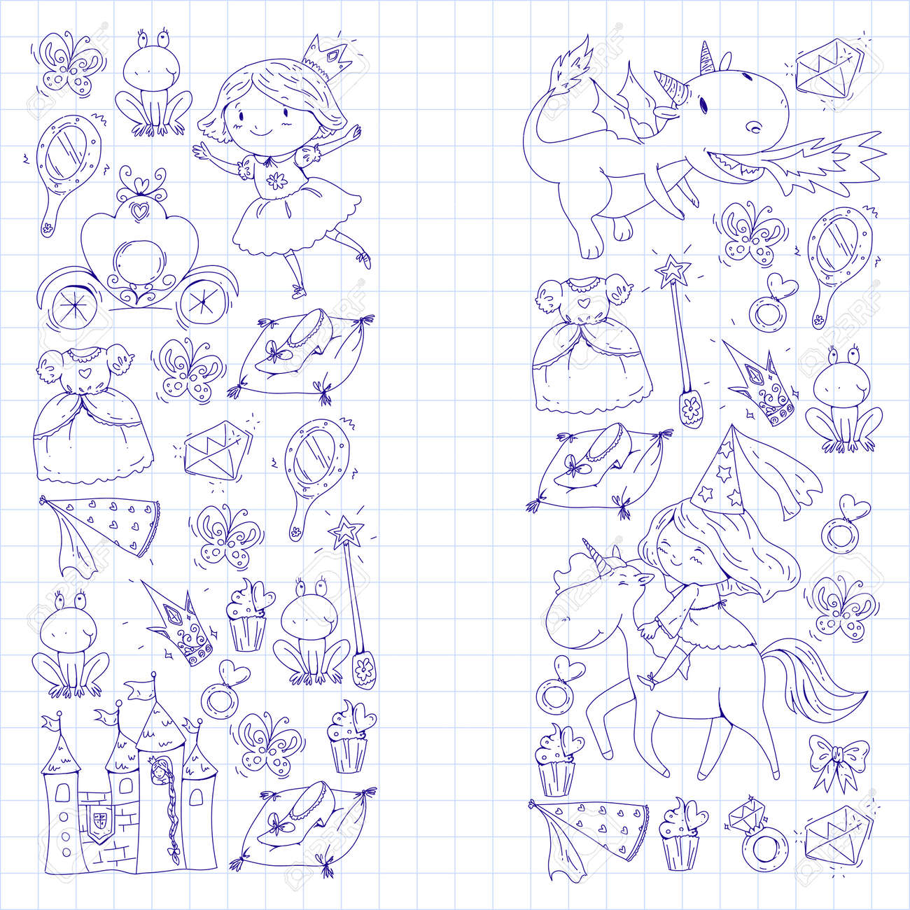 Fantasy Illustrations Coloring Page For Book Cute Little Princess With Unicorn And Dragon Castle