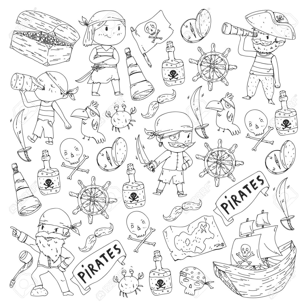 Libro Para Colorear Con Piratas. Fondo De Fiesta De Mar Pirata Para Niños,  Niños Pequeños. Viajes Y Aventuras. Ilustraciones svg, vectoriales, clip  art vectorizado libre de derechos. Image 114757129