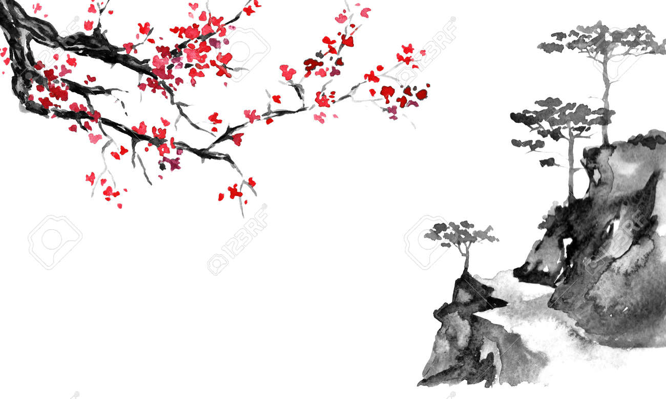 Japan traditional sumi-e painting. Indian ink illustration. Japanese picture. Sakura and mountains - 117924981 Japan traditional sumi-e painting. Indian ink illustration. Japanese picture. Sakura and mountains - 117924981