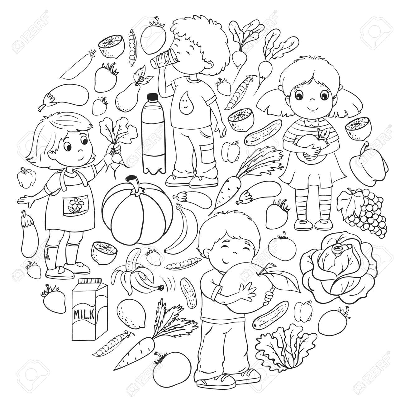 Vector Pattern With Children Eating Healthy Food. Fruits And Vegetables.  Kids Like Milk, Dairy Products. Pattern For Store, Mall, Menu, Cafe,  Restaurants. Royalty Free SVG, Cliparts, Vectors, and Stock Illustration.  Image 141011350., image size:1300x1300
