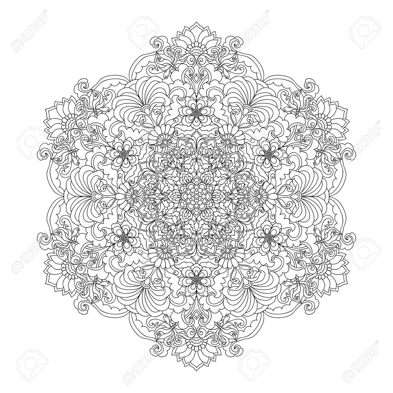 Coloring Book Page For Adults With Color Sample Mandala Vintage Flowers Pattern Zendala
