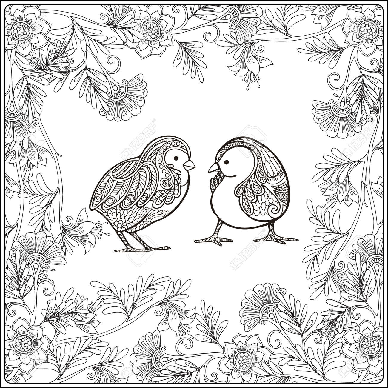 花のフレームのひよこ 大人およびより古い子供のための塗り絵 ページを着色 図面の概要を説明します ベクトルの図 のイラスト素材 ベクタ Image 57227096