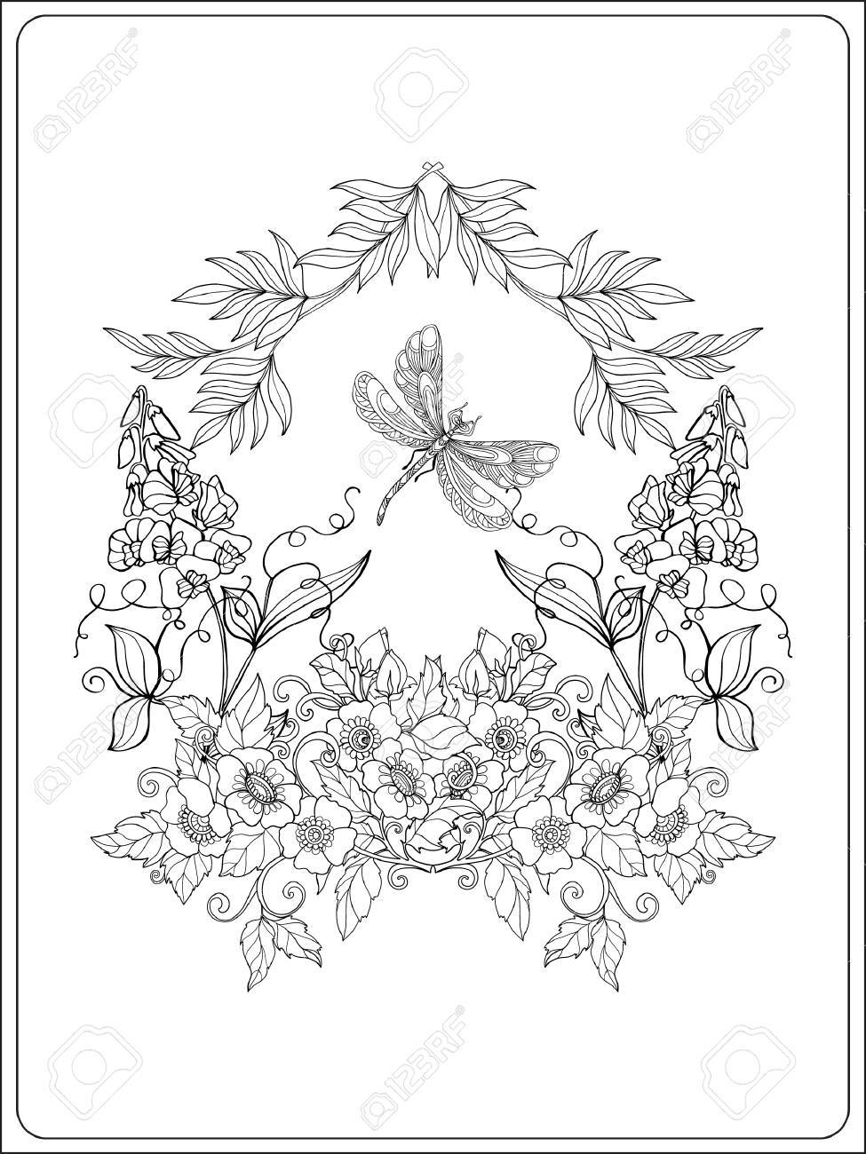 Vector Illustration Decorative Flowers Birds And Butterflies Coloring Book For Adult Older Children
