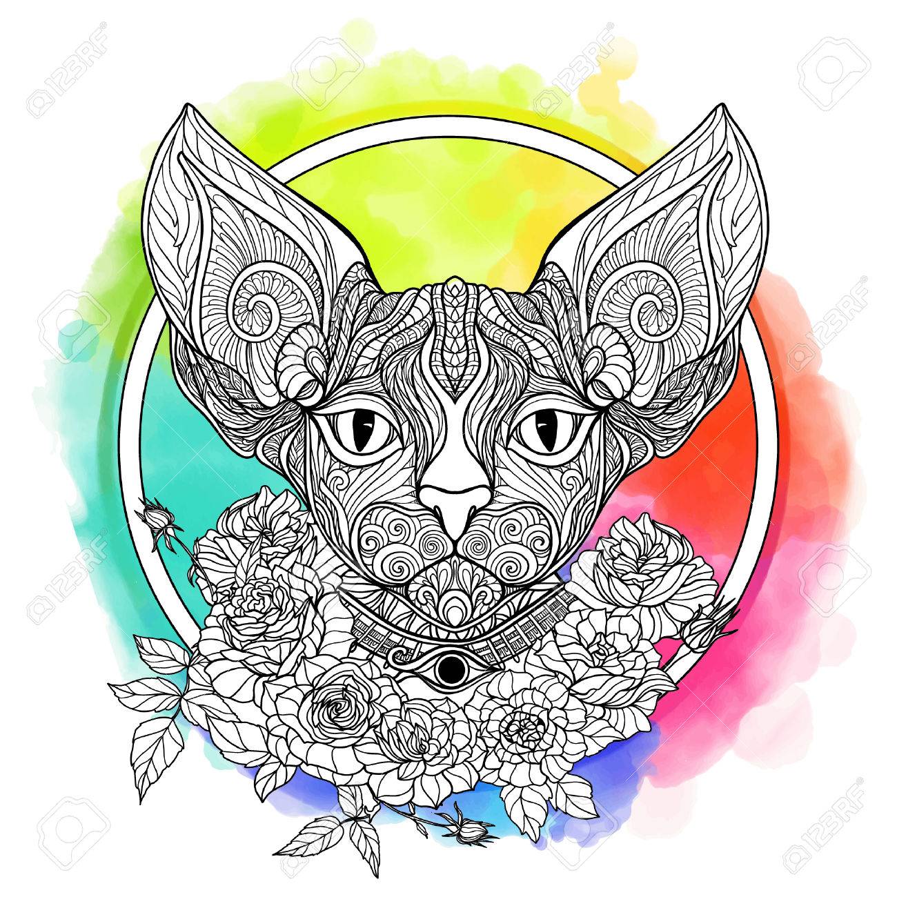 Chat Sphinx Tete De Chat Decoratif Avec Des Roses Collier Sur Aquarelle Fond Arc Vector Illustration Dans Le Style Zendoodle Cette Illustration Peut Etre Utilise Comme Une Carte De Voeux Ou Comme