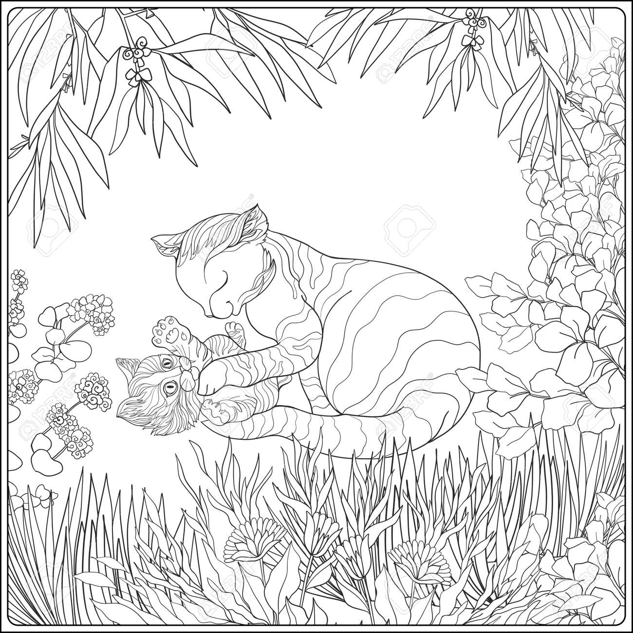 Livre à Colorier Pour Les Adultes Et Les Enfants Plus âgés Coloriage Avec Beau Chat De La Mère Et De Son Petit Kittern Dans Le Jardin