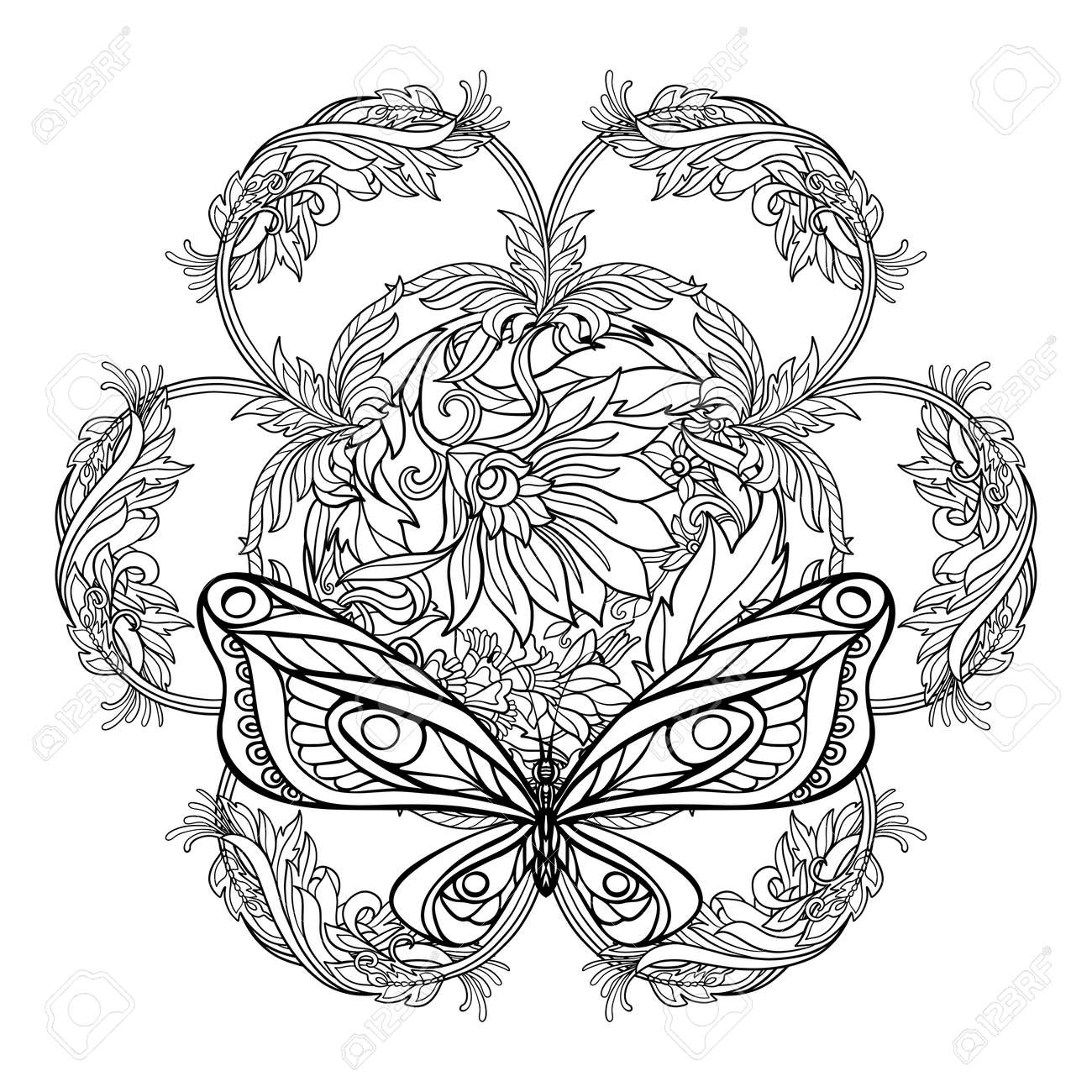 大人およびより古い子供のための塗り絵 マンダラぬりえページは装飾的なビンテージ花や装飾的な蝶から成っています 手描きの概要を説明します ベクトルの図 のイラスト素材 ベクタ Image