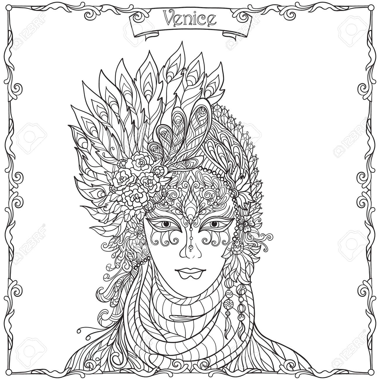 Download Venetian Mask Carnival Costume Outline Hand Draw Coloring Royalty Free Cliparts Vectors And Stock Illustration Image 60500394