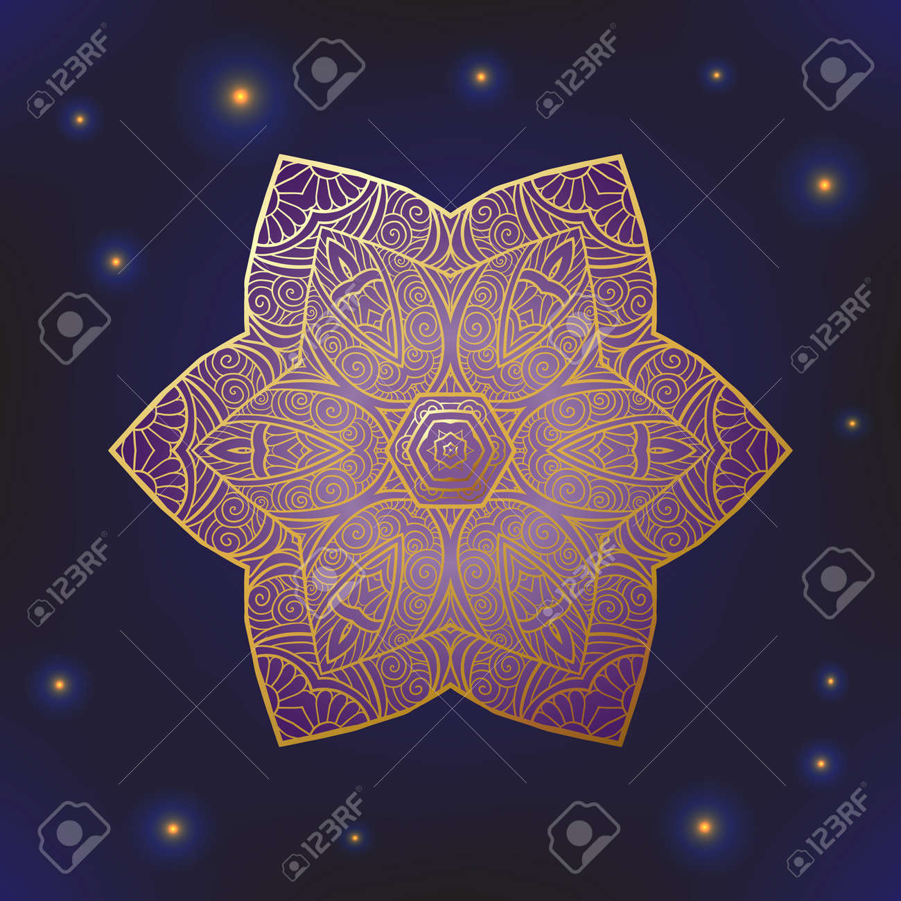 Decorative ornate Indian or Arabian round lace mandala. Snowflake. Vintage vector pattern. Invitation, wedding card, scrapbooking. Christmas card design. Gold over black. Colored vector illustration. - 60503044 Decorative ornate Indian or Arabian round lace mandala. Snowflake. Vintage vector pattern. Invitation, wedding card, scrapbooking. Christmas card design. Gold over black. Colored vector illustration. - 60503044