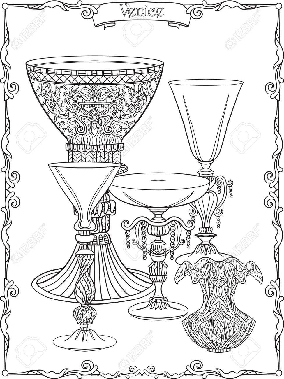 Download Venetian Glasses And Vase Outline Hand Draw Coloring Book Royalty Free Cliparts Vectors And Stock Illustration Image 60503082