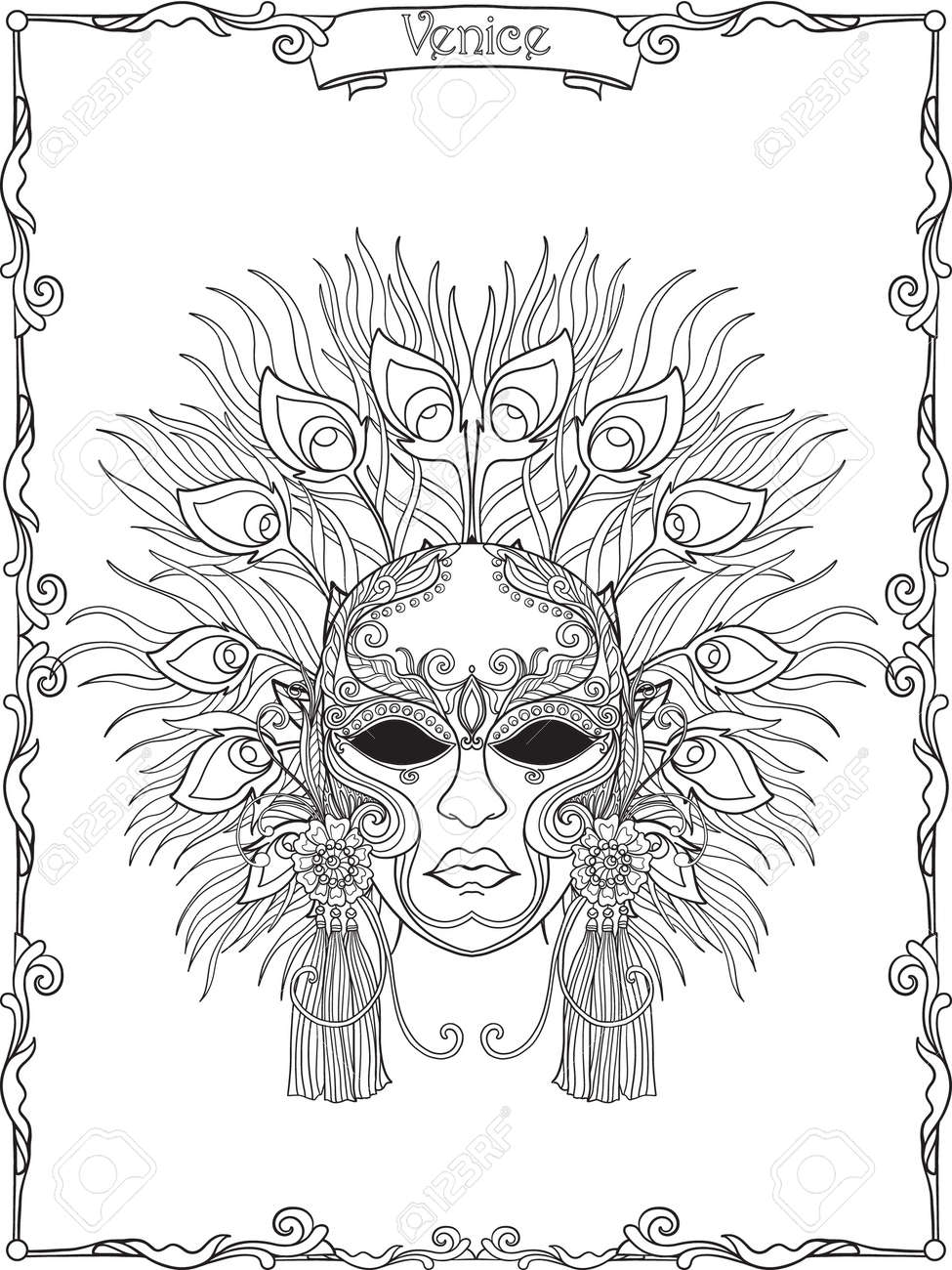 Download Venetian Mask Carnival Costume Outline Hand Draw Coloring Royalty Free Cliparts Vectors And Stock Illustration Image 60503200