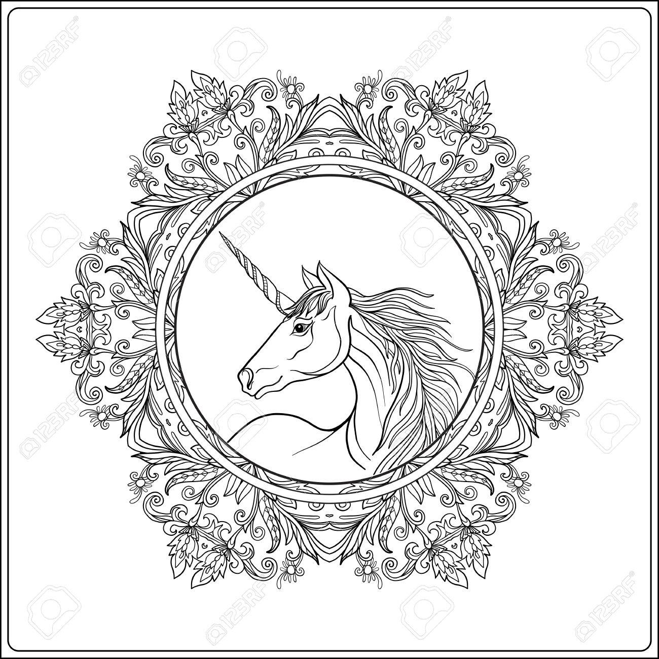 Unicorn In Vintage Decorative Floral Mandala Frame Vector Illustration Coloring Book For Adult And