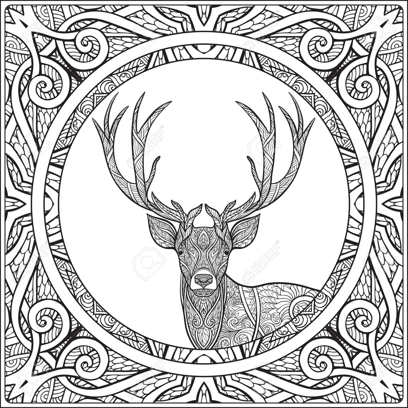 Coloring Page With Deer In Decorative Mandala Frame Book For Adult And Older Children