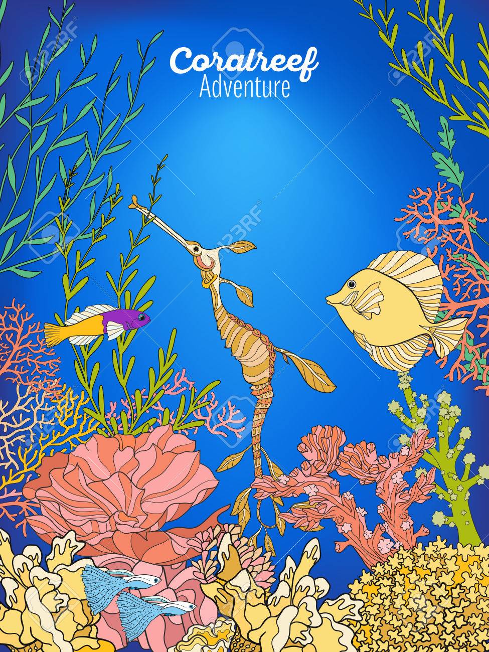 水中世界の珊瑚礁 バナー テキストのためのスペースを持つ サンゴ 魚 海藻類 色ベクトルの図 のイラスト素材 ベクタ Image