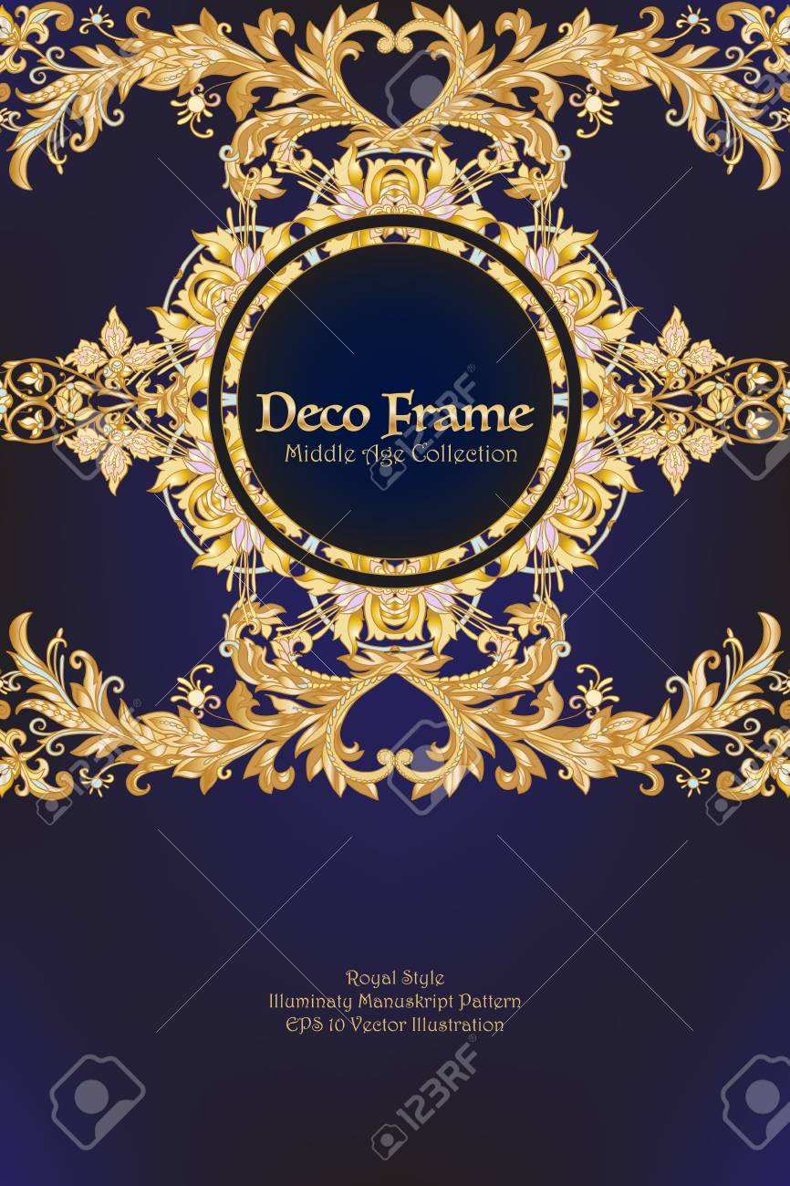 Medieval Motif Royal Floral Avec Espace Pour Le Texte Decoratif Arabesque Symetrie Or Fond Noir Bon Pour Carte De Voeux Pour L Anniversaire Invitation Ou Banniere Clip Art Libres De Droits Vecteurs