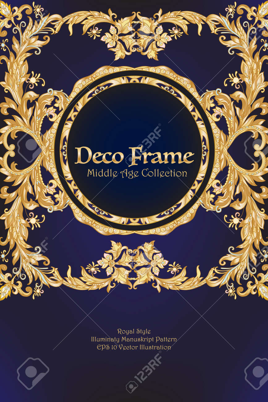 Medieval Motif Royal Floral Avec Espace Pour Le Texte Decoratif Arabesque Symetrie Or Fond Noir Bon Pour Carte De Voeux Pour L Anniversaire Invitation Ou Banniere Clip Art Libres De Droits Vecteurs