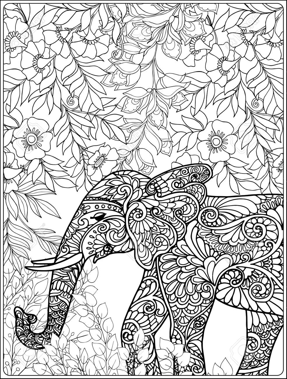 林の中の象のページを着色します 大人およびより古い子供のための塗り絵 のイラスト素材 ベクタ Image 63602801