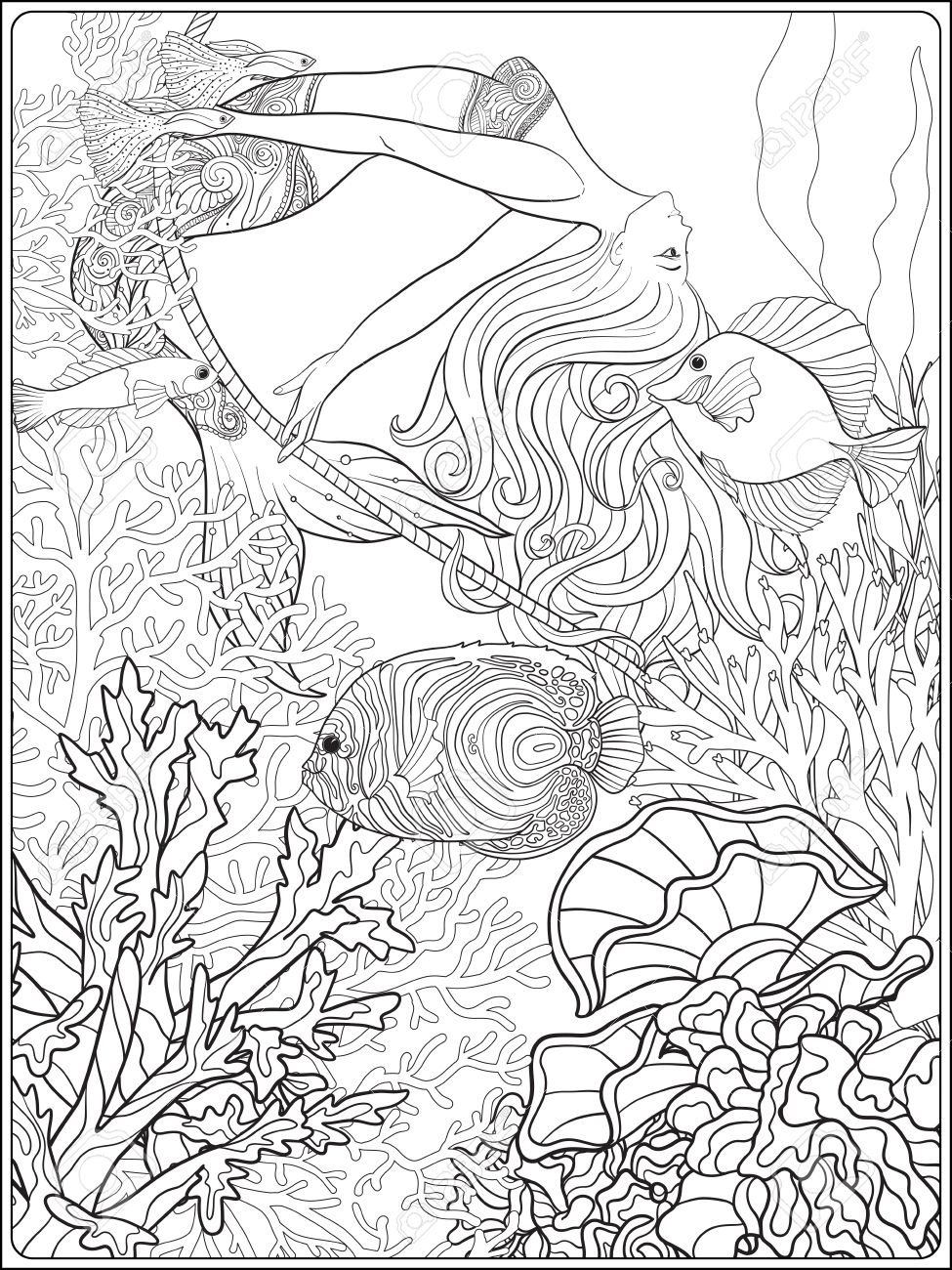 main sirene dessinee se balancer sur la corde dans le monde sous marin linen illustration en couleur anti stress livre a colorier pour les adultes et outline dessin de coloriage page clip art libres exemple personne