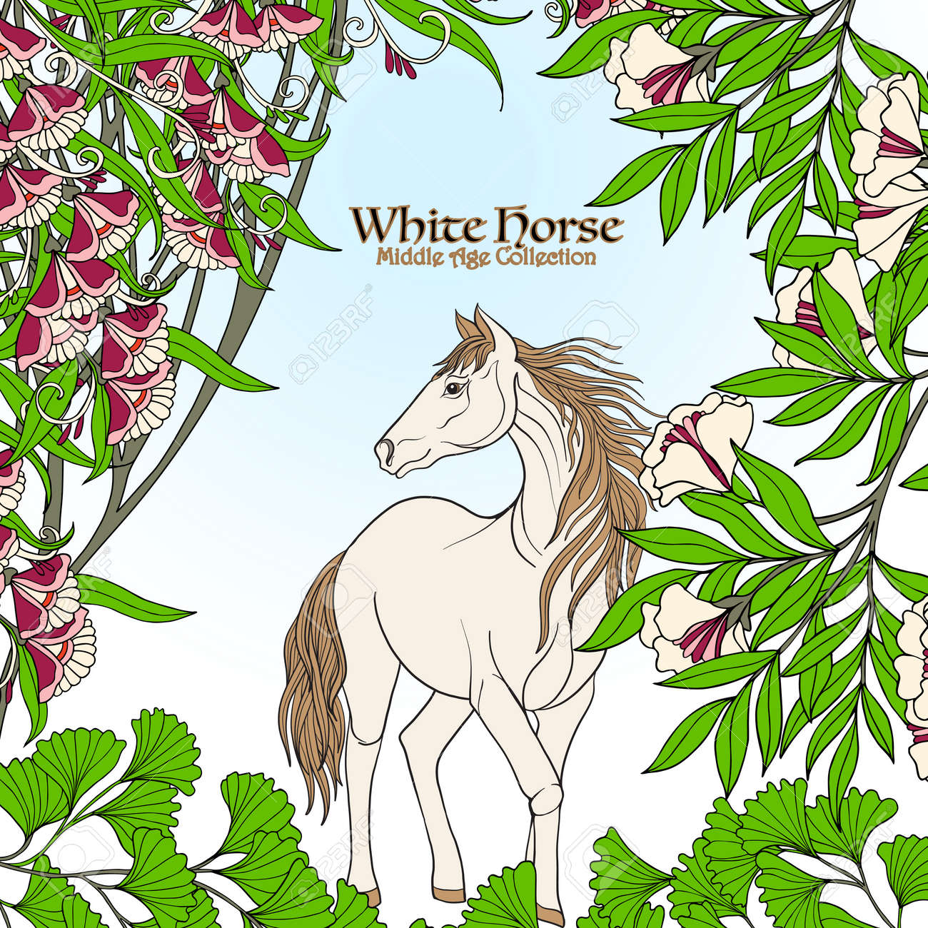 Cheval Dans Le Jardin Illustration Coloree Bon Pour La Carte De Voeux Pour L Anniversaire Invitation Ou Une Banniere Clip Art Libres De Droits Vecteurs Et Illustration Image