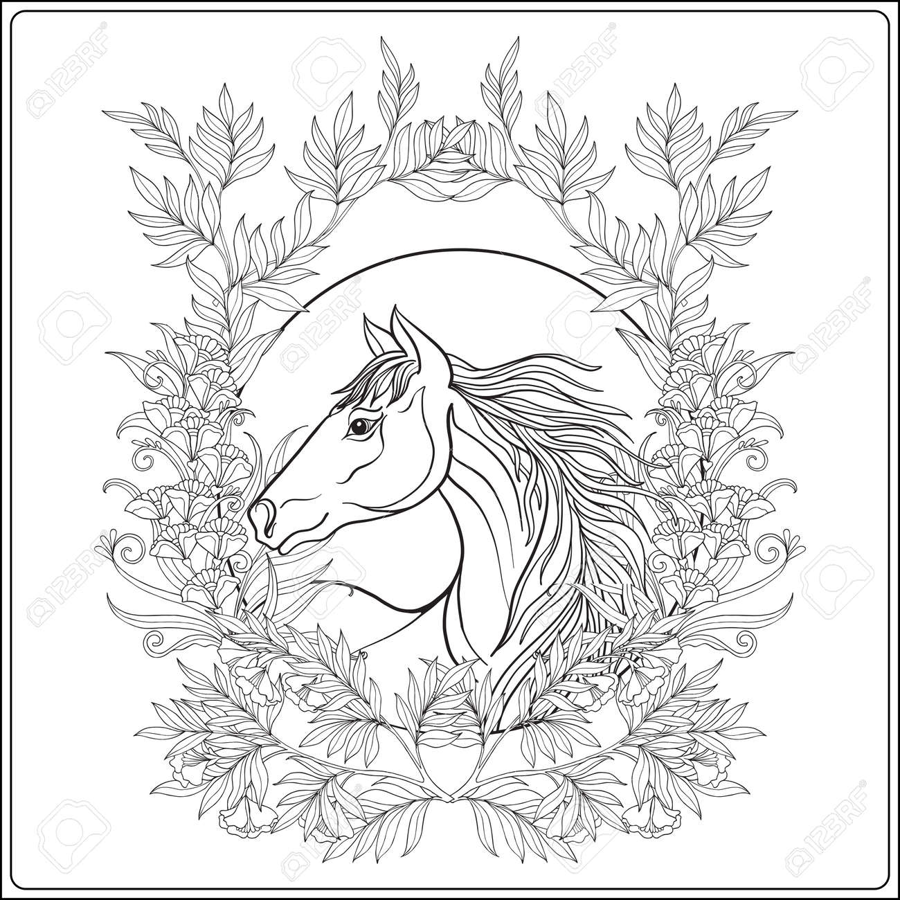 Horse In Vintage Decorative Floral Mandala Frame Illustration Coloring Book For Adult And Older