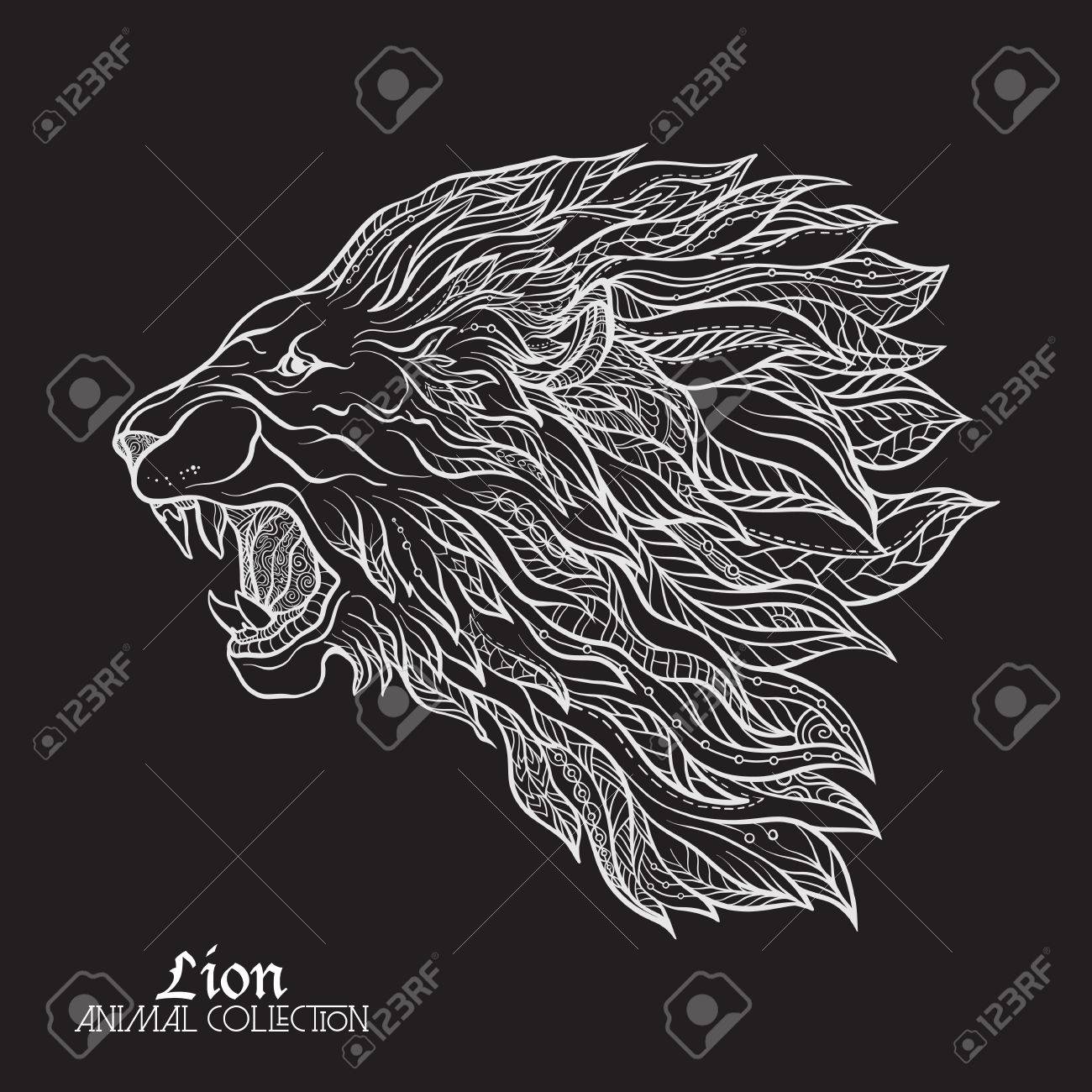 Tete Ornee De Motifs Ethniques Ornes De Lion Noir Et Blanc Doodle Illustration Croquis Pour Affiche Imprime Ou T Shirt Illustration De Ligne De Stock Blanc Sur Fond Noir Clip Art Libres De